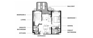 Планировка квартиры 2 спальни в ЖК The Balcony  № 11010