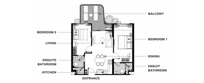 Apartment floor plan, 2 bedrooms in The Balcony  No. 11010 (2D)