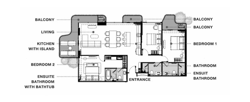 Penthouse floor plan, 3 bedrooms in The Balcony  No. 11011 (2D)